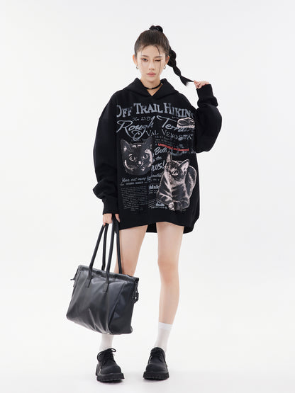 Off Trail Hiking Rough Terrain Dual Cat Newspaper Graphic Oversized Hoodie Streetwear Y2K Sweatshirt