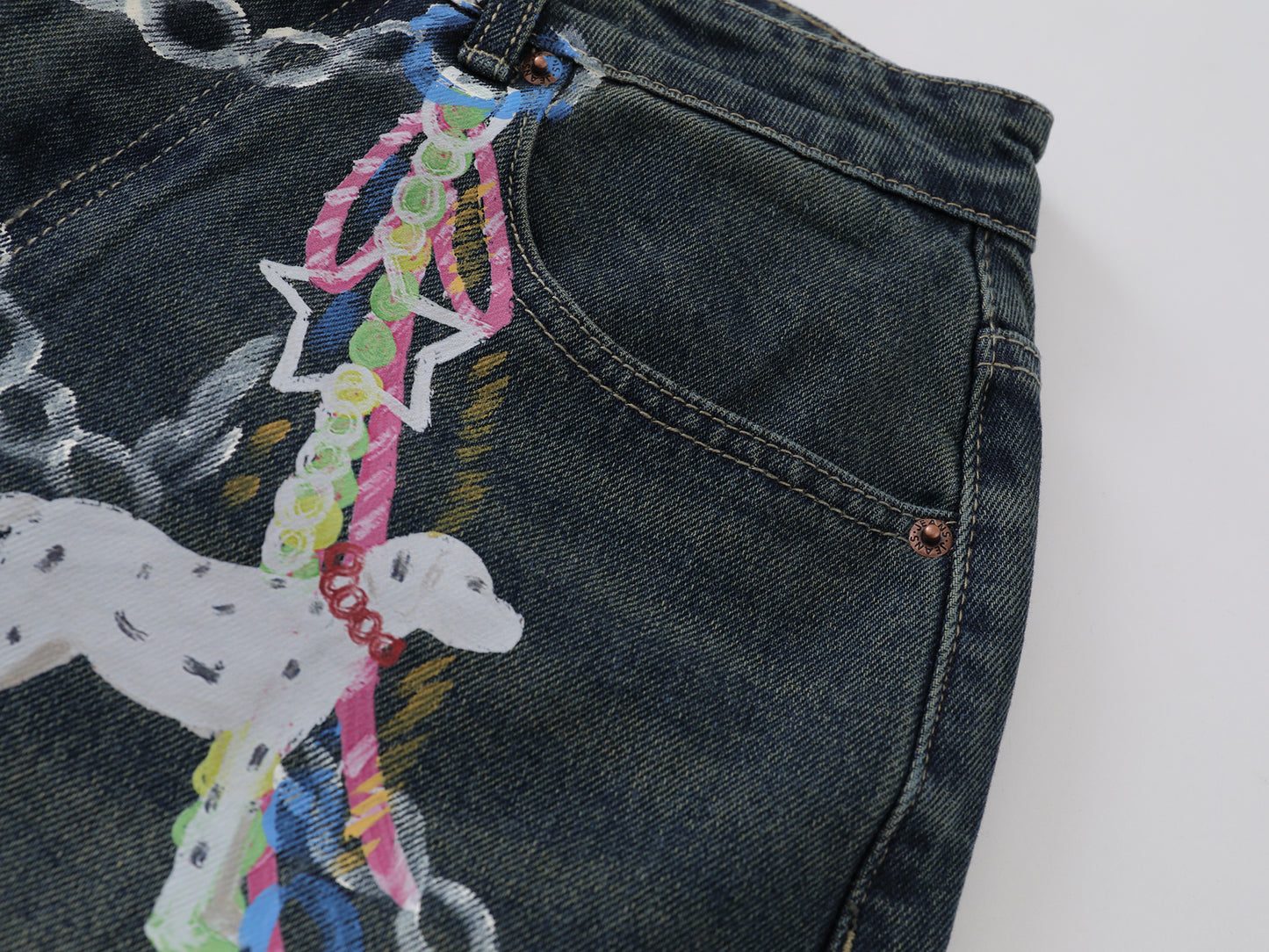 Chain Graphic Print Denim Shorts Wide Leg High Waist Washed Dalmatian Dog Charm Streetwear Summer Casual Jean Shorts | Chain Pup