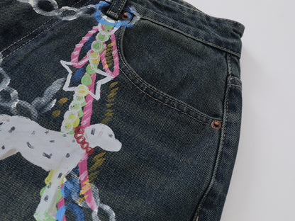 Chain Graphic Print Denim Shorts Wide Leg High Waist Washed Dalmatian Dog Charm Streetwear Summer Casual Jean Shorts | Chain Pup
