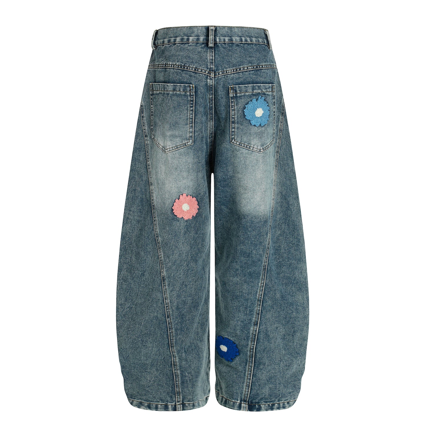 Women's Multicolor Daisy Floral Embroidery Balloon Wide Leg Denim Jeans - Blue Back View