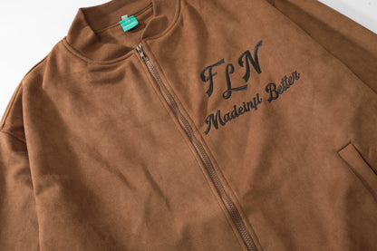 Oversized FLN Letter Embroidery Bomber Jacket Zip Up Suede Texture Streetwear Casual Fall Outerwear