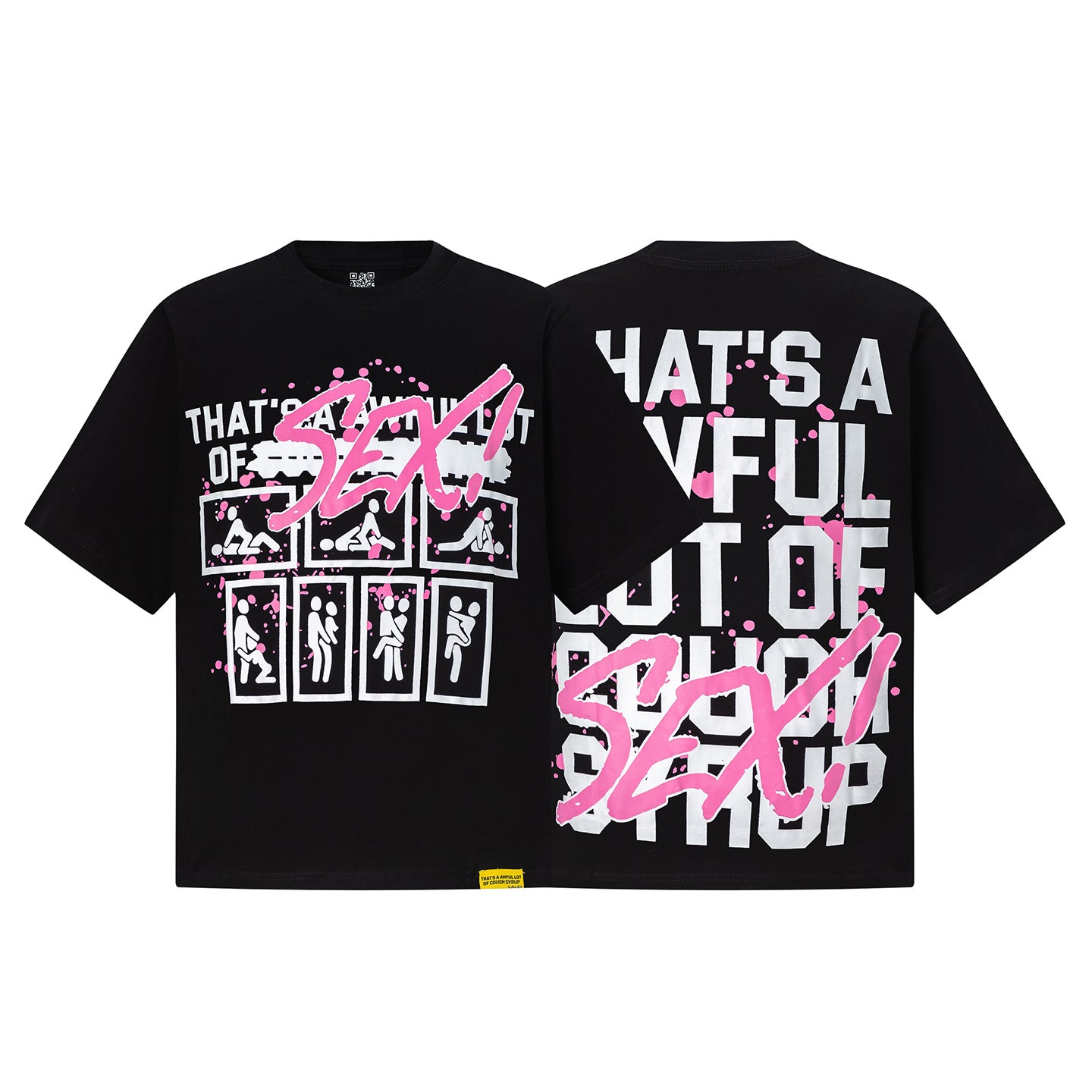 Black unisex graphic T-shirt with bold pink and white front and back prints - view 15