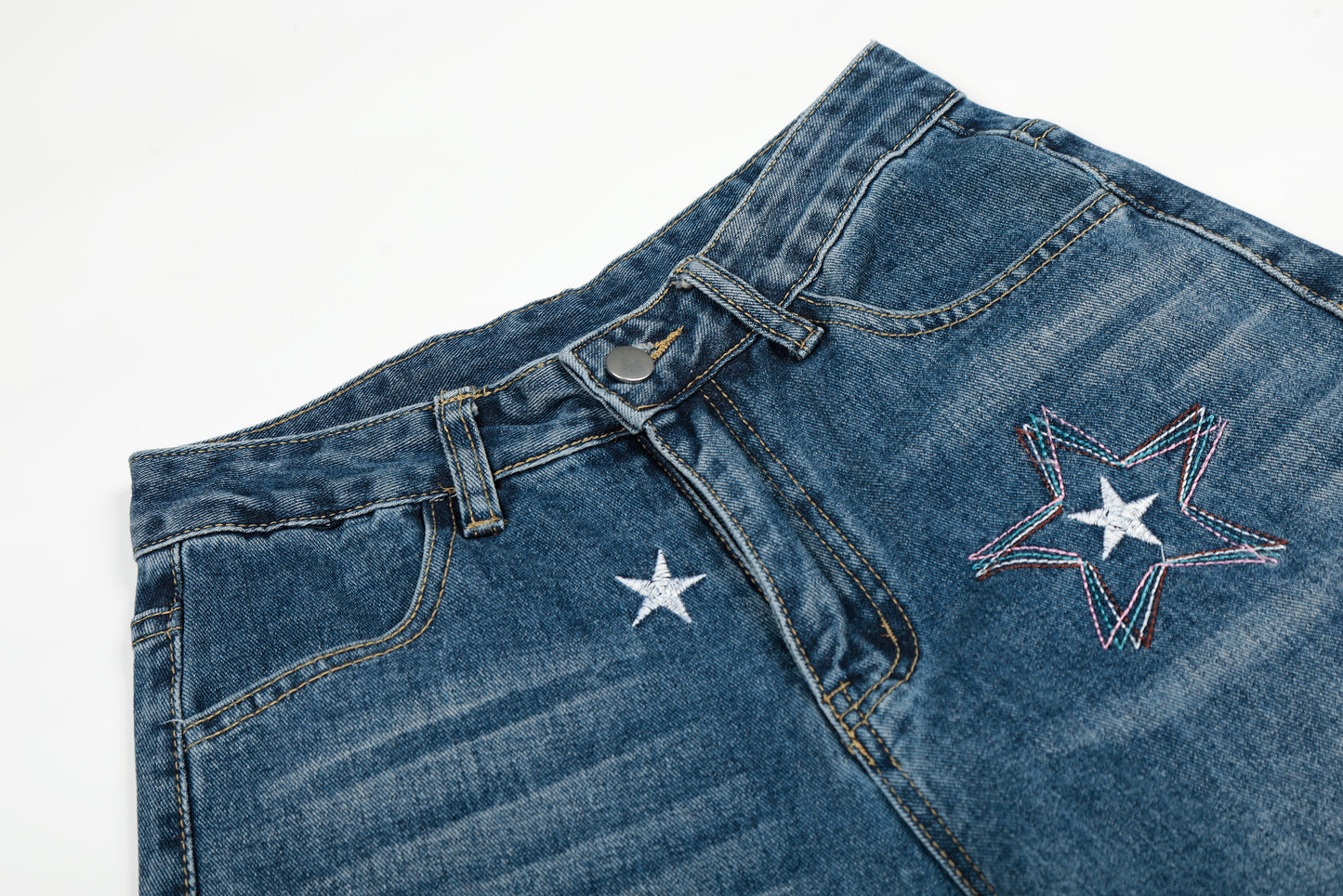 Star Embroidery Wide Leg Barrel Jeans High Waist Washed Y2K Streetwear Denim Pants