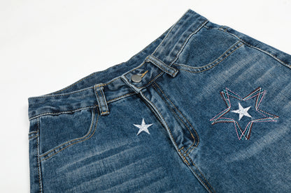Star Embroidery Wide Leg Barrel Jeans High Waist Washed Y2K Streetwear Denim Pants
