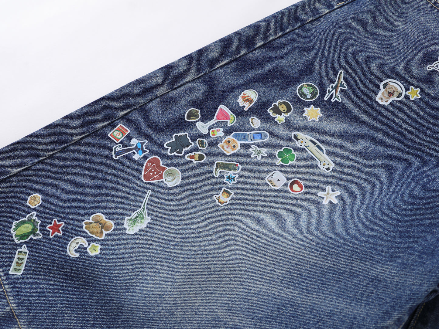 Cartoon Sticker Print Wide Leg Denim Shorts Plaid Handkerchief Waist Detail High Waist Casual Streetwear Baggy Jean Shorts | Sticker Hanky