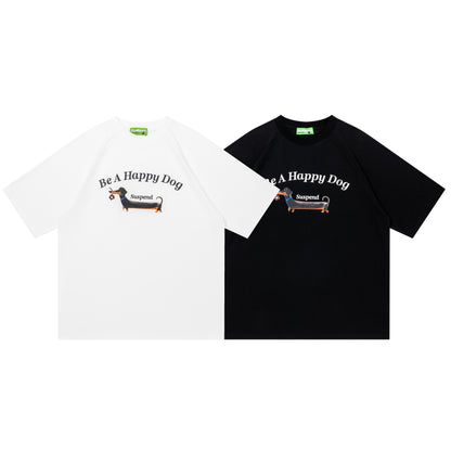 DuoMatch Be A Happy Dog Suspend Dachshund Graphic Oversized Tee Cute Dog Print Streetwear Short Sleeve T-Shirt