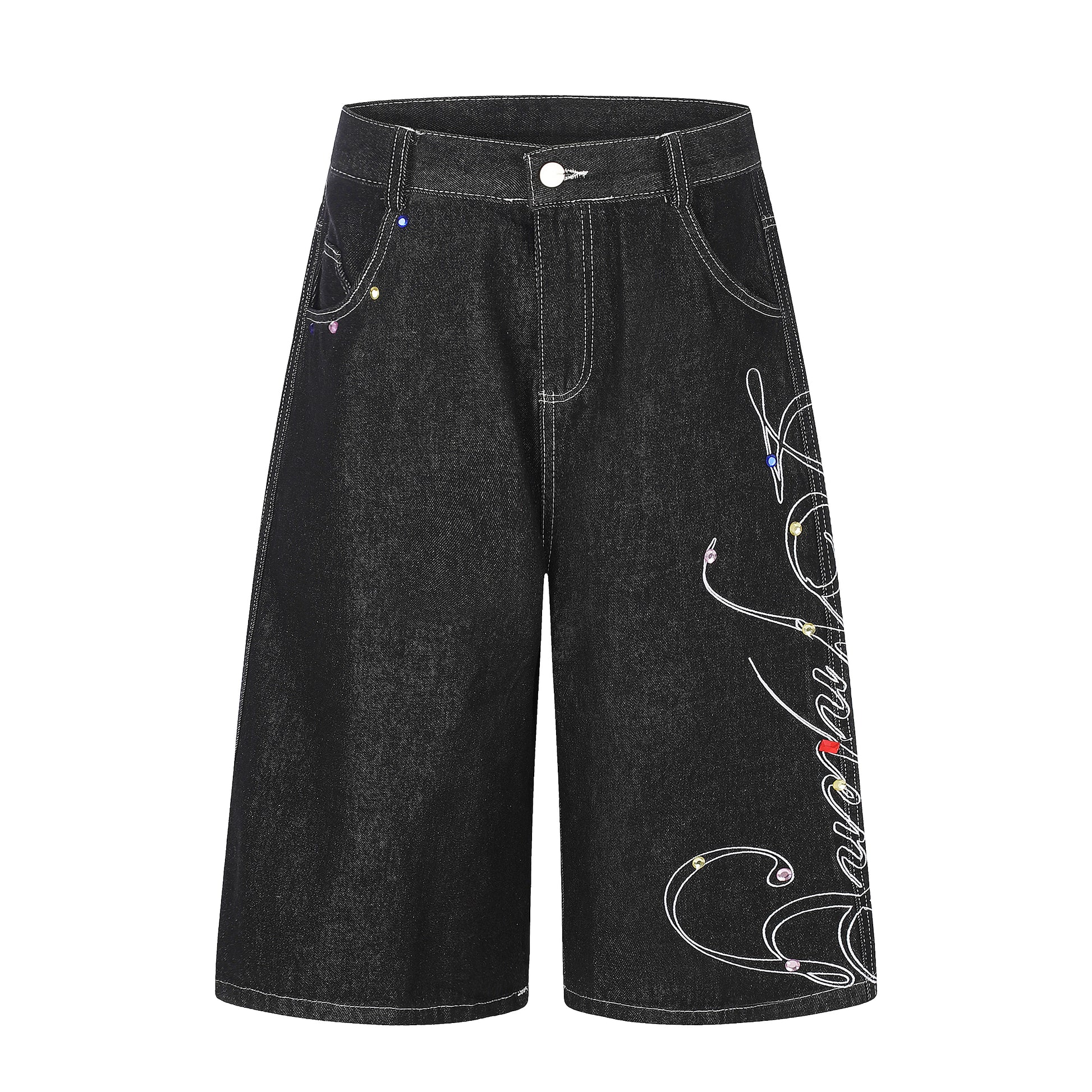 Women's Script Embroidery Rhinestone Wide Leg Denim Shorts - Black Front View