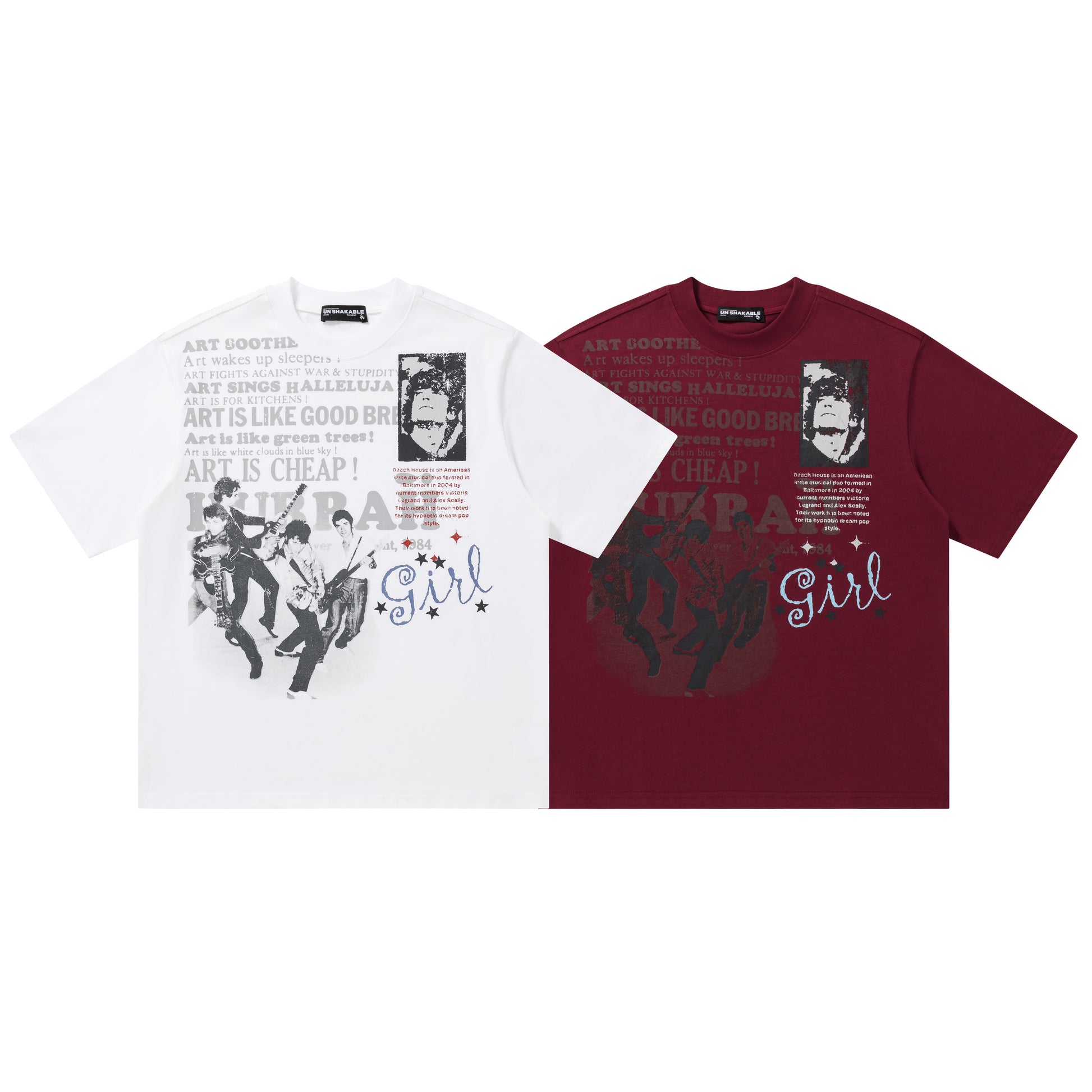 White and Burgundy tee comparison front view