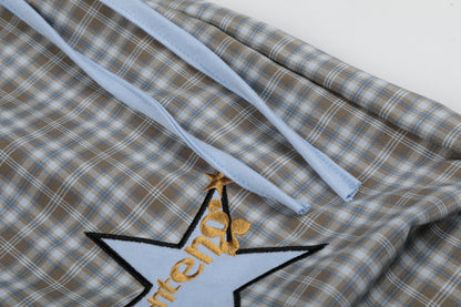 Women's Star Patch Embroidery Plaid Ruched Drawstring Waistband Wide Leg Pants High Waist Y2K Streetwear Trousers