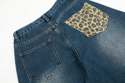 Leopard Patchwork Raw Edge Wide Leg Barrel Jeans Charm Pendant High Waist Washed Y2K Streetwear