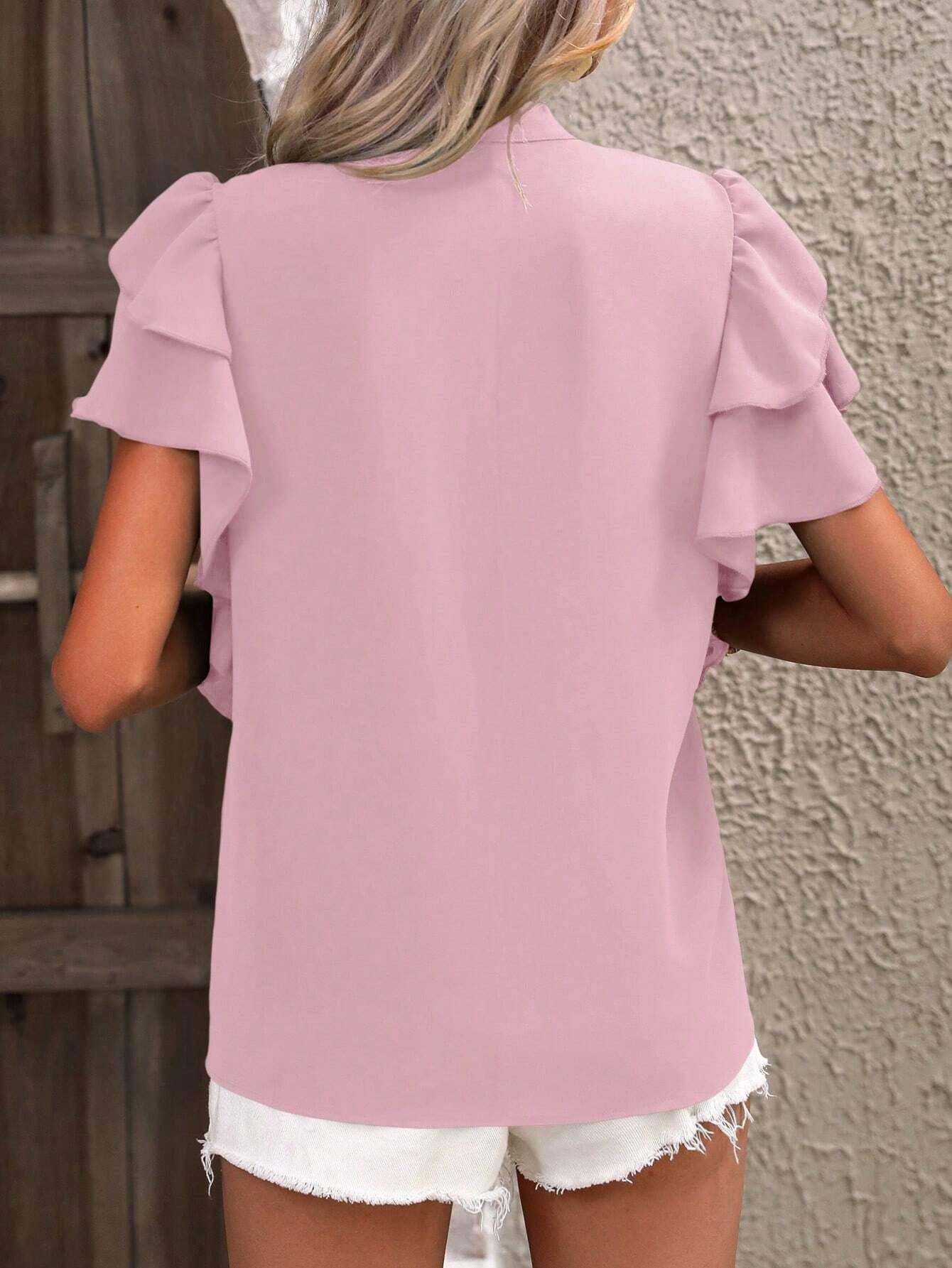 Summer New V-neck casual double-layer lotus leaf sleeves pure color shirt top