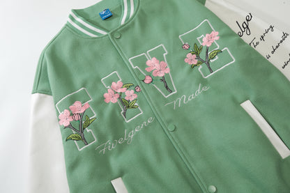 Oversized Floral Embroidery Baseball Jacket Snap Button Color Block Streetwear Casual Fall Outerwear