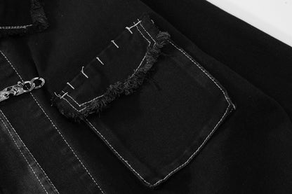 Oversized Two-Tone Denim Jacket Chain Detail Washed Vintage Streetwear Casual Fall Outerwear