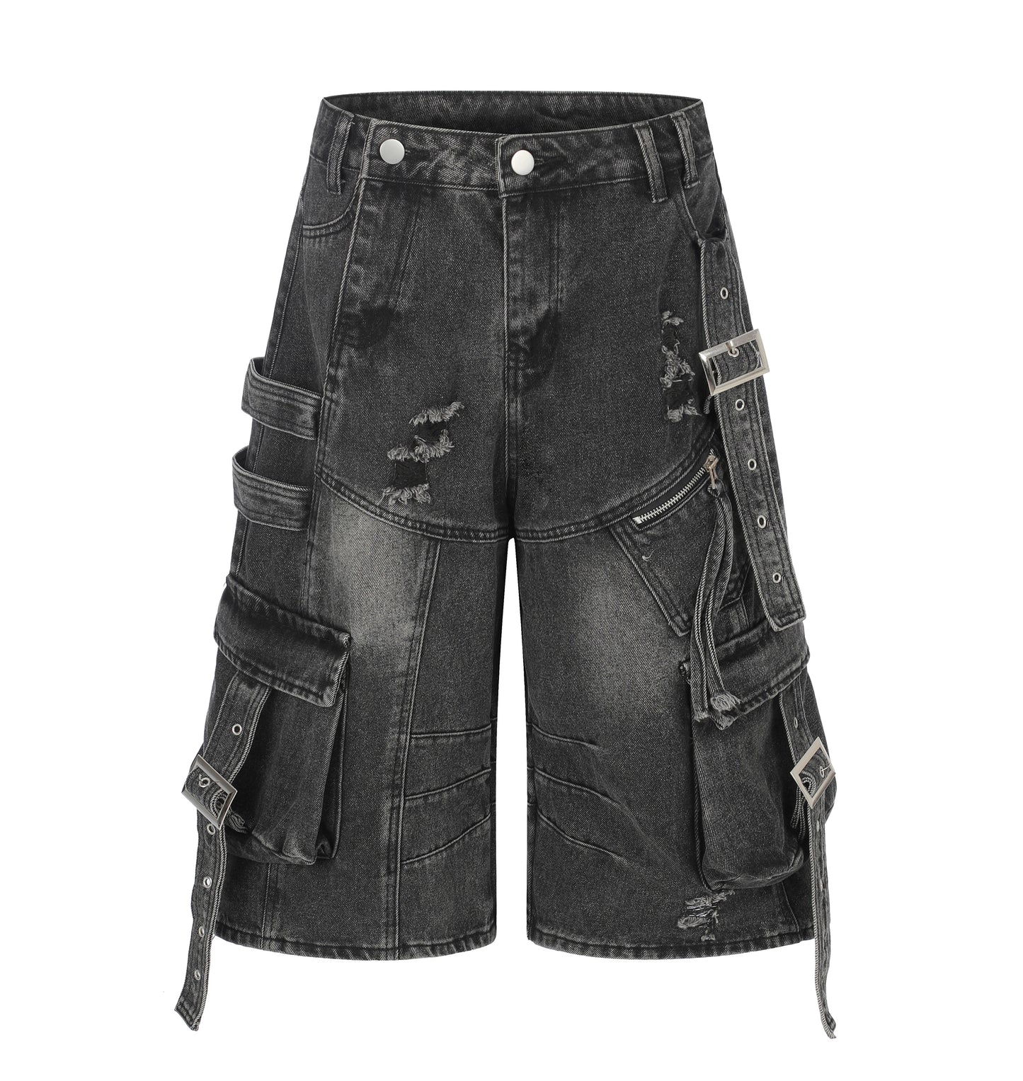 Women's Multi-Pocket Buckle Strap Denim Shorts - Black Front Detail