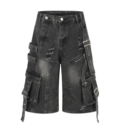 Women's Multi-Pocket Buckle Strap Distressed Denim Shorts High Waist Wide Leg Raw Hem Casual Streetwear Jean Shorts