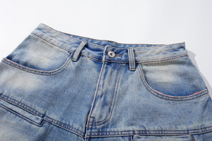 Light Blue Distressed Wide-Leg Cropped Denim Shorts
