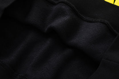 Black and Yellow Graphic Hoodie and Joggers Tracksuit Set, Kangaroo Pocket Two Piece Streetwear Outfit