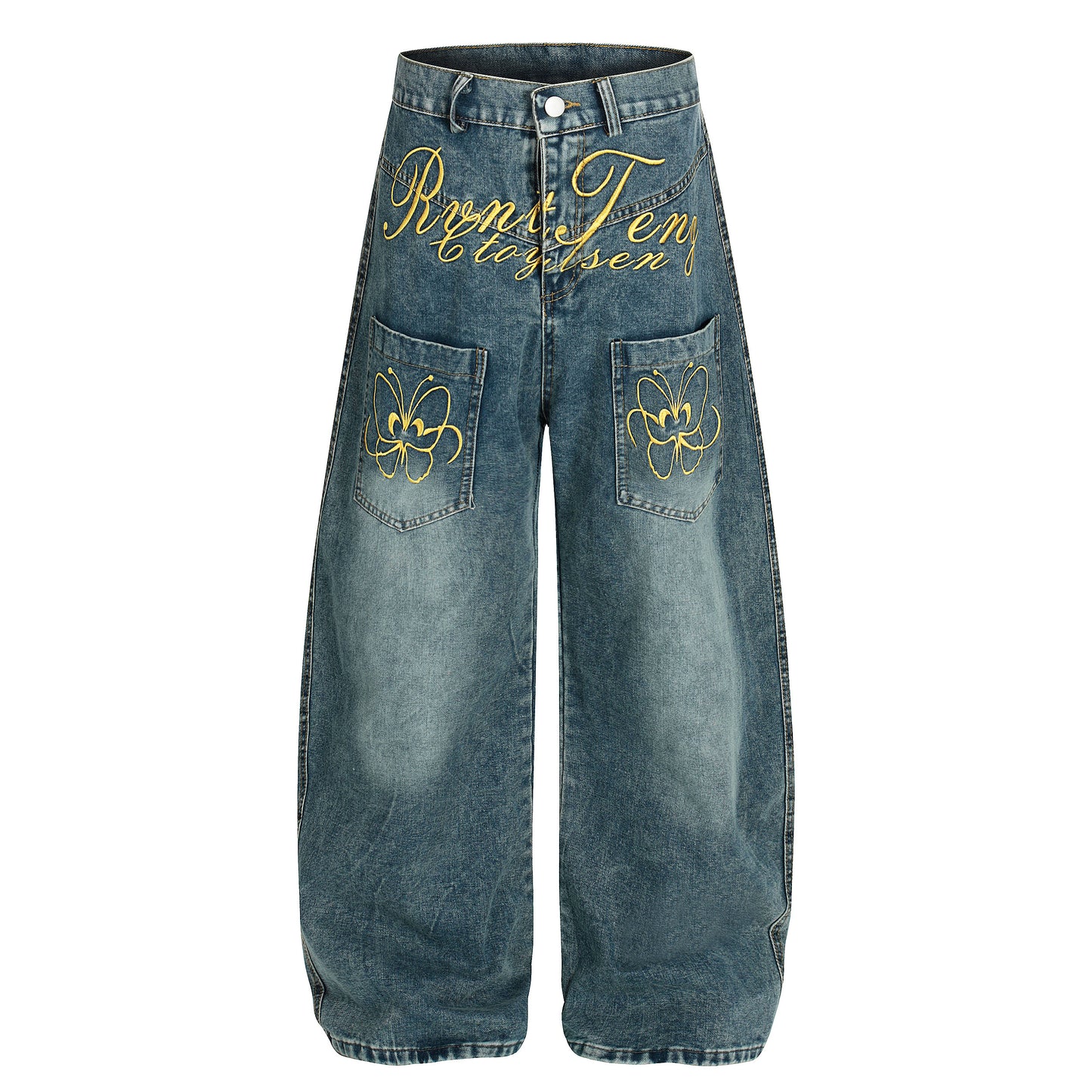 Women's RyntFeng Toysen Gold Script Floral Embroidery Balloon Wide Leg Denim Jeans - Blue Side View