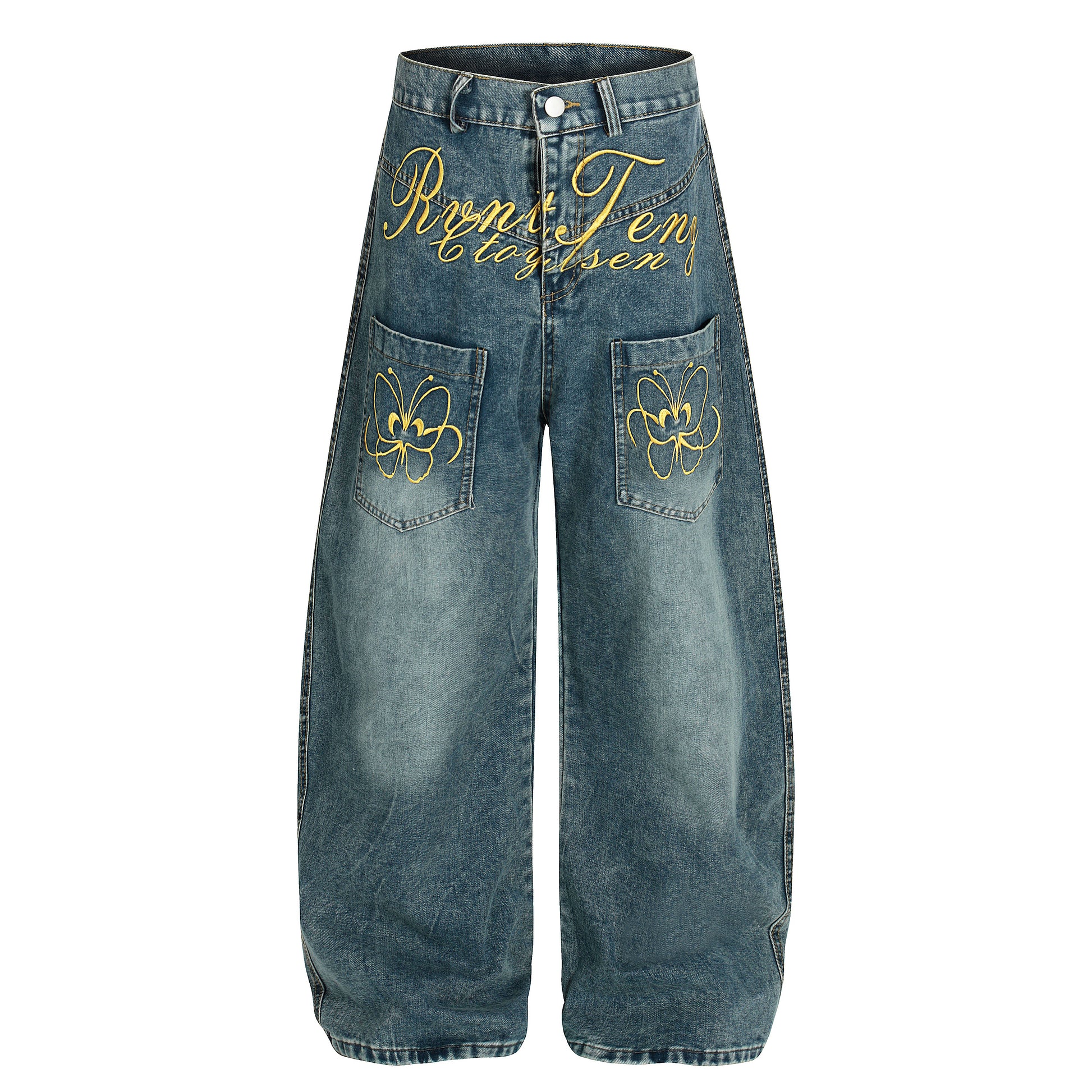 Women's RyntFeng Toysen Gold Script Floral Embroidery Balloon Wide Leg Denim Jeans - Blue Side View
