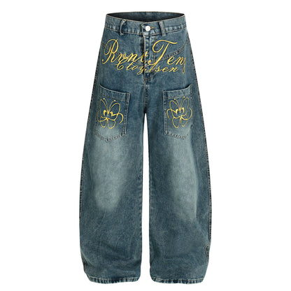 Women's RyntFeng Toysen Gold Script Floral Embroidery Balloon Wide Leg Denim Jeans High Waist Y2K Streetwear Baggy Jean Pants