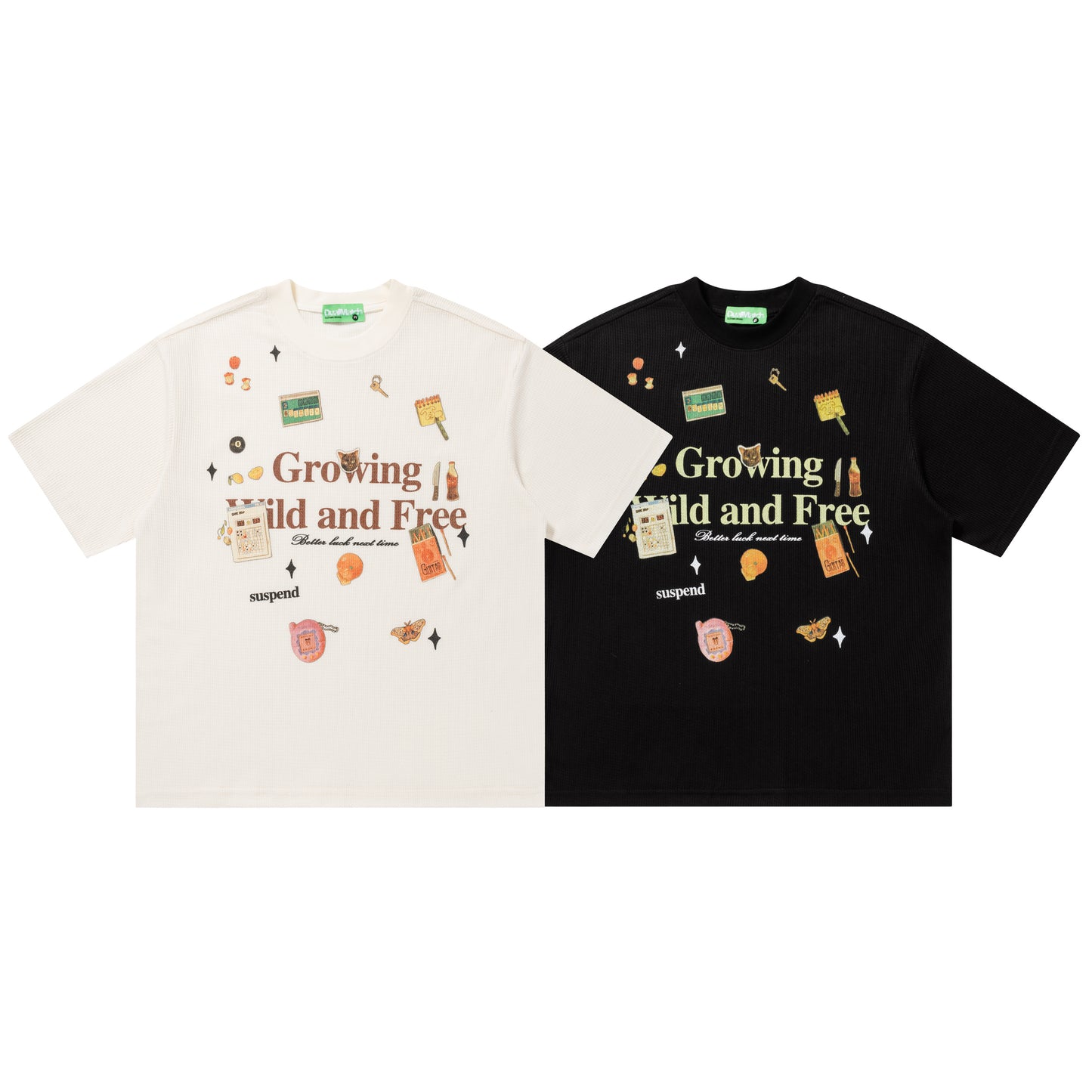 Black and Apricot Suspend waffle tee front comparison