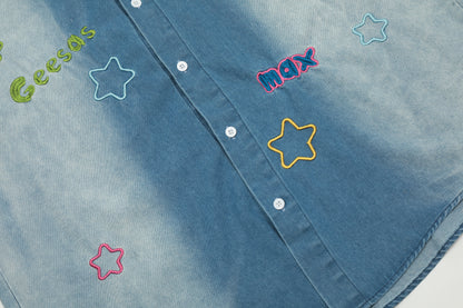 Geesas Na Max Colorful Star Embroidered Washed Denim Short Sleeve Shirt Oversized Button Down Y2K Streetwear Summer Top | Star Na