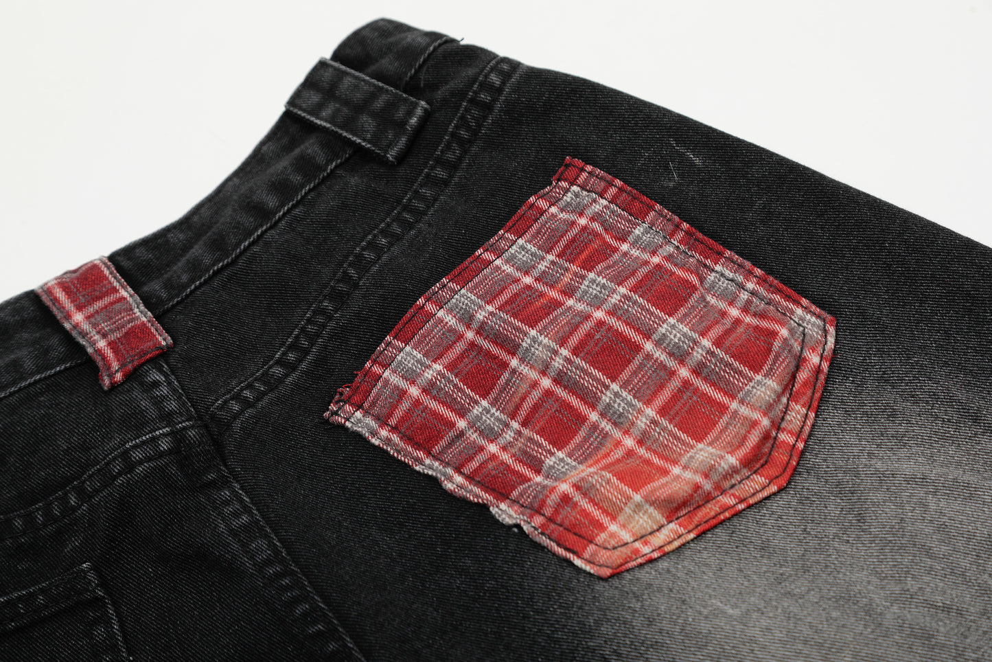 Red Plaid Patch Star Embroidery Wide Leg Jeans Washed Denim Patchwork Baggy Y2K Streetwear