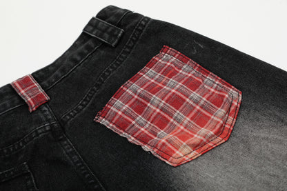 Red Plaid Patch Star Embroidery Wide Leg Jeans Washed Denim Patchwork Baggy Y2K Streetwear