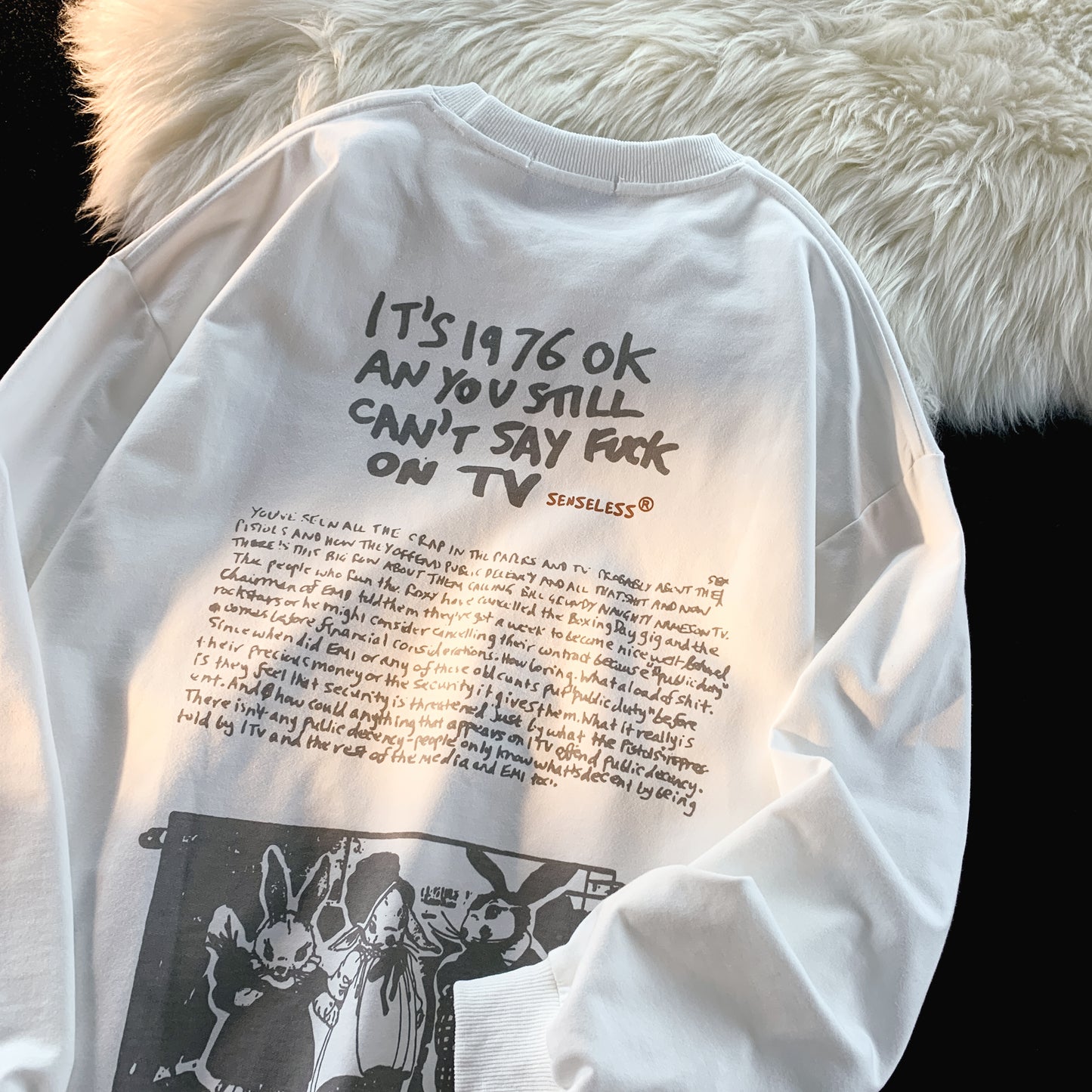 Senseless 1976 Punk Slogan Graphic Oversized Tee Grunge Rabbit Print Streetwear Short Sleeve T-Shirt