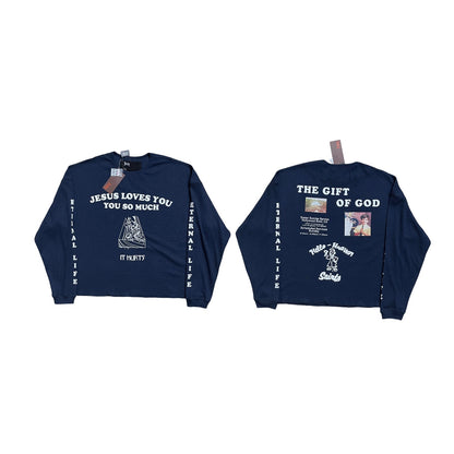 Eternal Life Graphic Print Long Sleeve Waffle Knit Oversized Tee Jesus Loves You Navy Streetwear Top | Eternal Navy