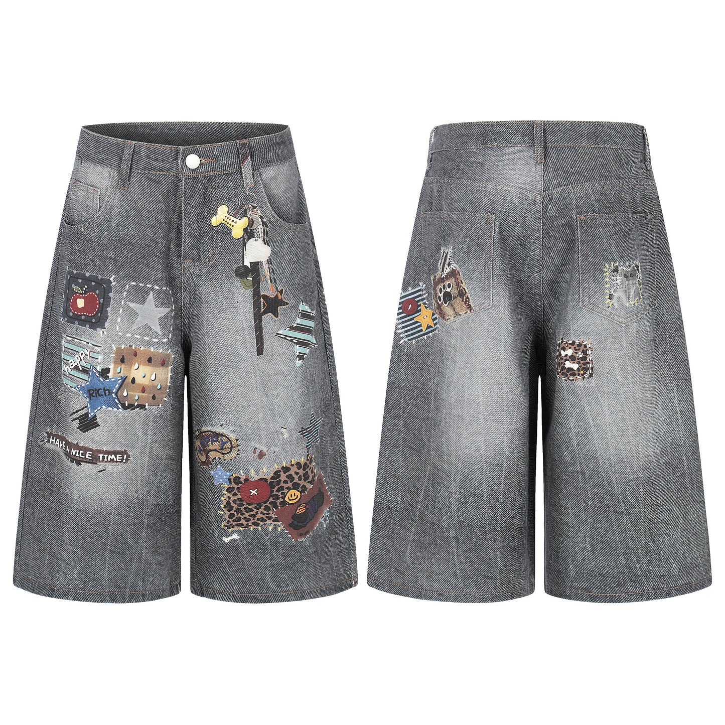 Women's Multi Patch Embroidery Charm Washed Denim Shorts - Skirt Style View