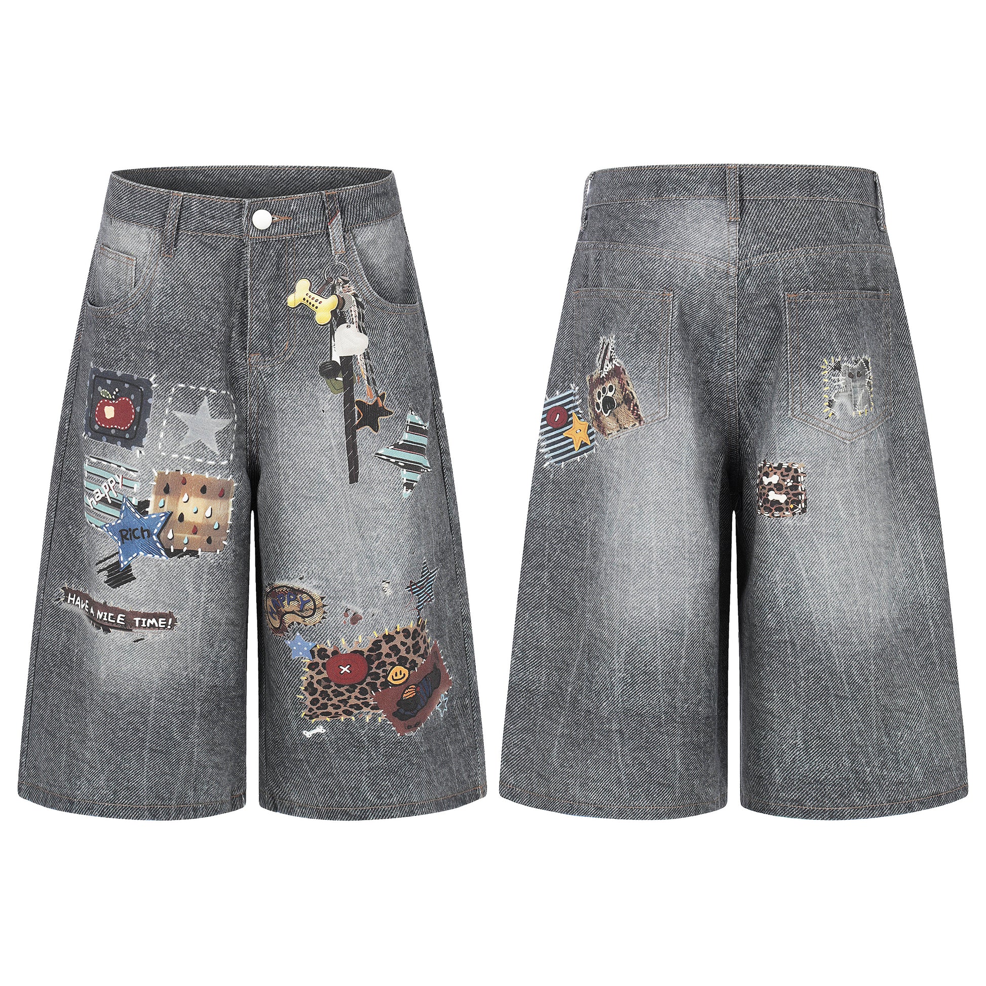 Women's Multi Patch Embroidery Charm Washed Denim Shorts - Skirt Style View