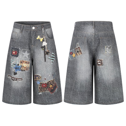 Women's Multi Patch Embroidery Charm Pendant High Waist Washed Denim Shorts Y2K Streetwear Bermuda Jean Shorts