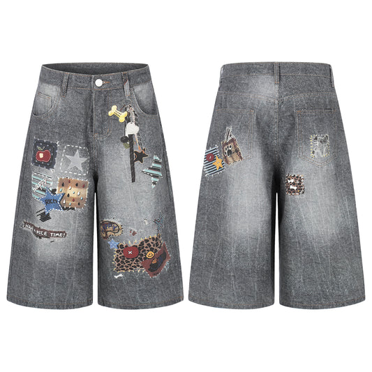 Women's Multi Patch Embroidery Charm Washed Denim Shorts - Skirt Style View