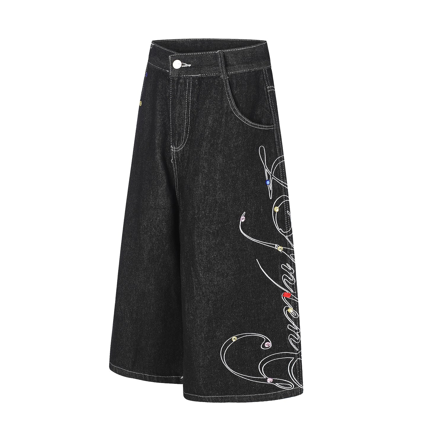 Women's Script Embroidery Rhinestone Wide Leg Denim Shorts High Waist Washed Casual Streetwear Jean Shorts