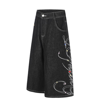 Women's Script Embroidery Rhinestone Wide Leg Denim Shorts High Waist Washed Casual Streetwear Jean Shorts