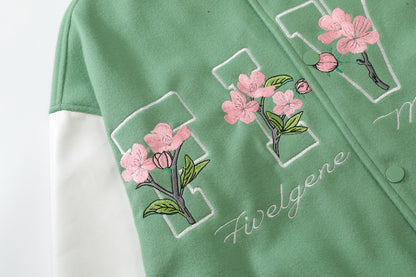 Oversized Floral Embroidery Baseball Jacket Snap Button Color Block Streetwear Casual Fall Outerwear