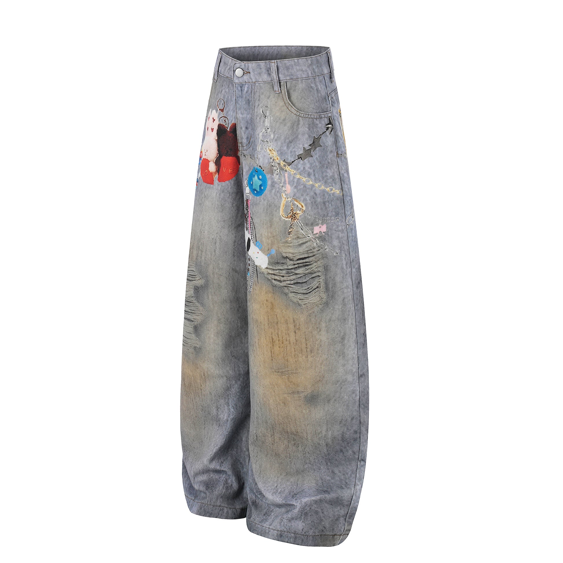 Women's Plush Doll Charm Chain Distressed Wide Leg Denim Jeans - Back View