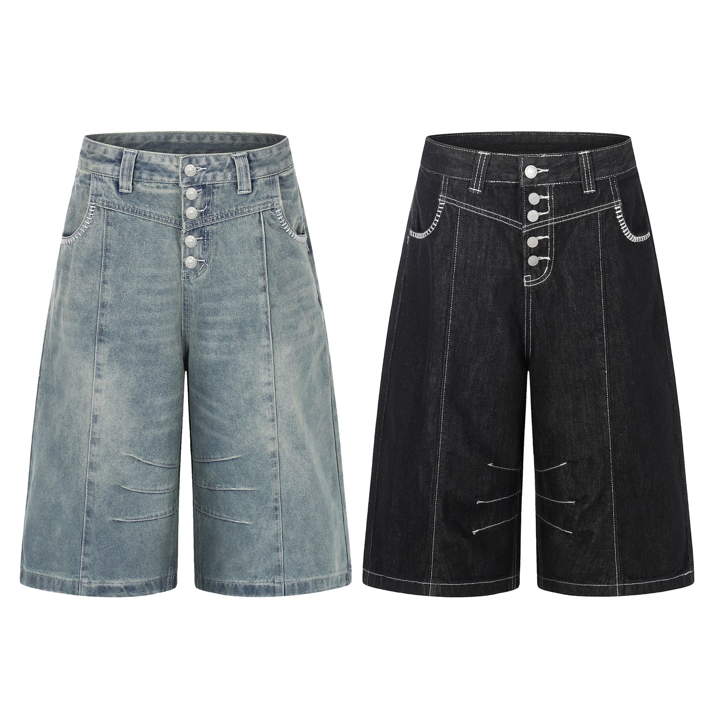 Women's Contrast Stitch 5-Button Wide Leg Denim Shorts - Black Back View