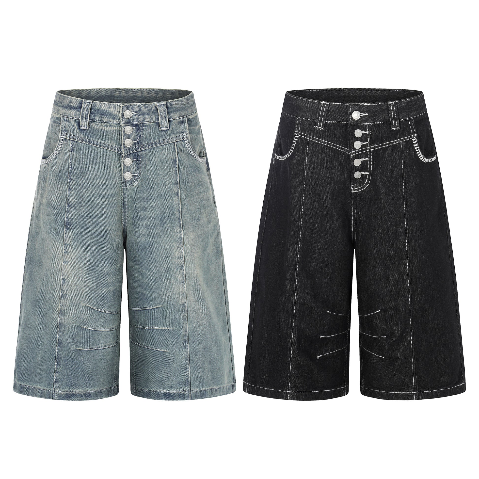 Women's Contrast Stitch 5-Button Wide Leg Denim Shorts - Black Back View