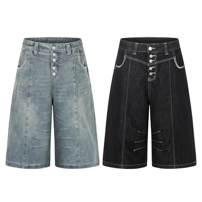 Women's Contrast Stitch 5-Button High Waist Wide Leg Denim Shorts Distressed Bermuda Y2K Streetwear Jean Shorts