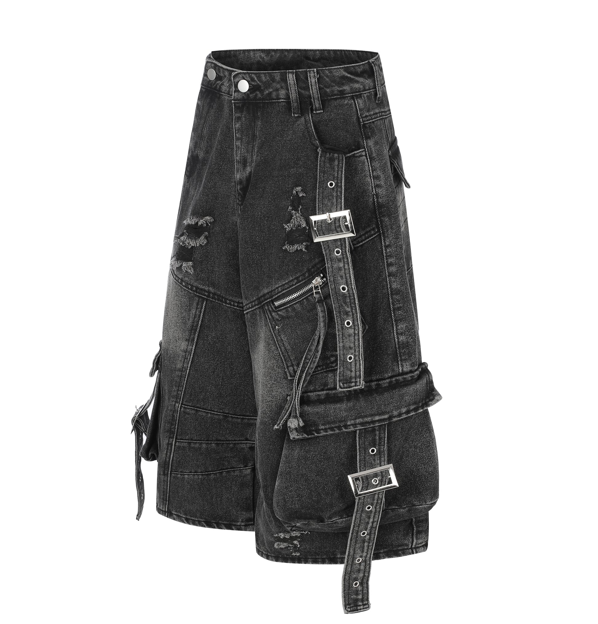 Women's Multi-Pocket Buckle Strap Denim Shorts - Black Side View
