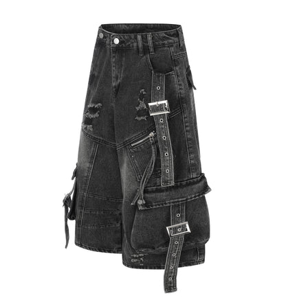 Women's Multi-Pocket Buckle Strap Distressed Denim Shorts High Waist Wide Leg Raw Hem Casual Streetwear Jean Shorts