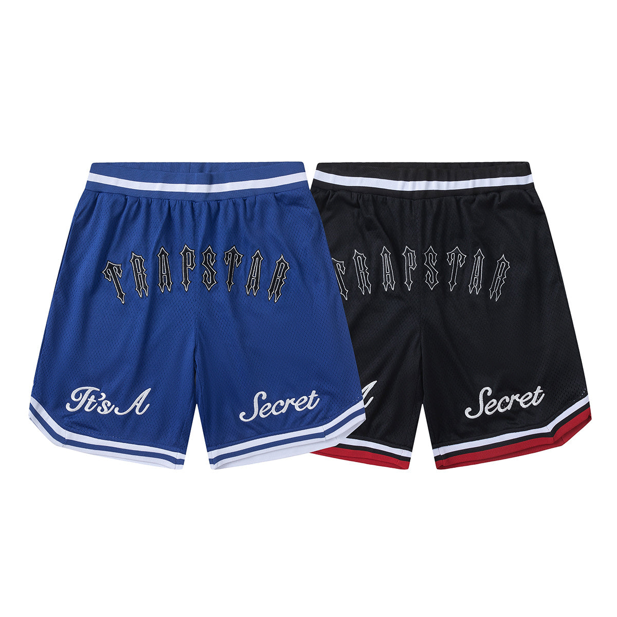 Blue graphic mesh basketball shorts with striped waistband and hem trim - view 16