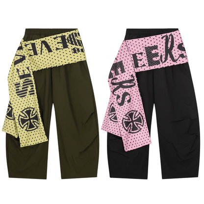 Polka Dot Letter Print Scarf Waistband Wide Leg Parachute Pants High Waist Streetwear Casual Pants