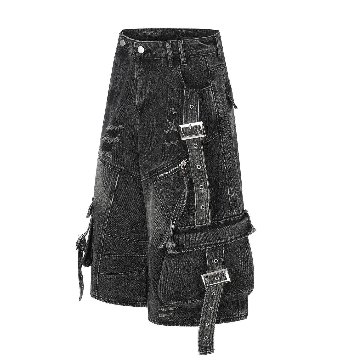 Women's Multi-Pocket Buckle Strap Distressed Denim Shorts High Waist Wide Leg Raw Hem Casual Streetwear Jean Shorts