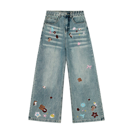 Cartoon Embroidery Scatter Patch Wide Leg Jeans Elastic Waist Washed Denim Bear Star Bow Y2K Harajuku