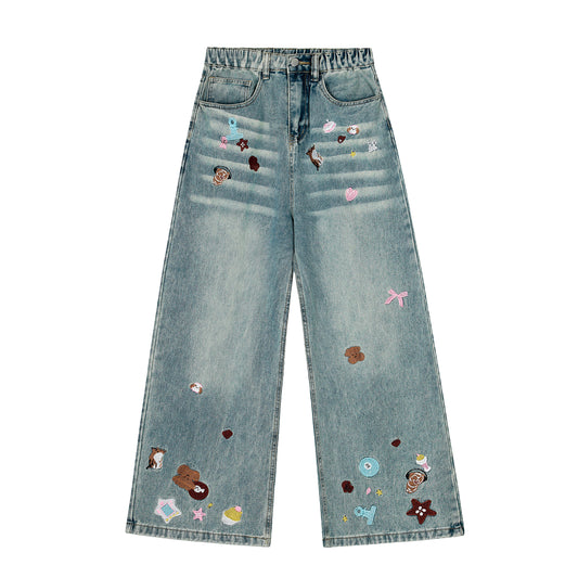 Cartoon Embroidery Wide Leg Jeans - Blue Front Full