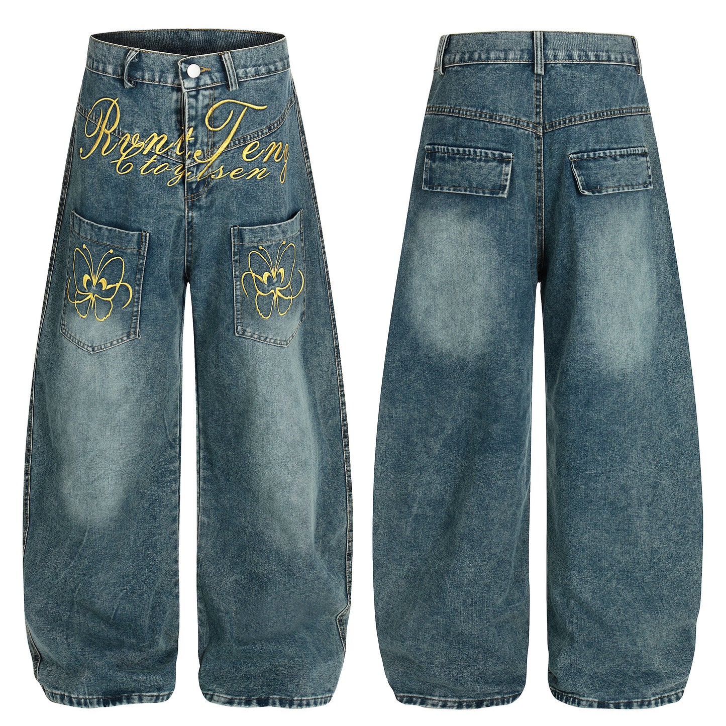 Women's RyntFeng Toysen Gold Script Floral Embroidery Balloon Wide Leg Denim Jeans - Blue Side View 2