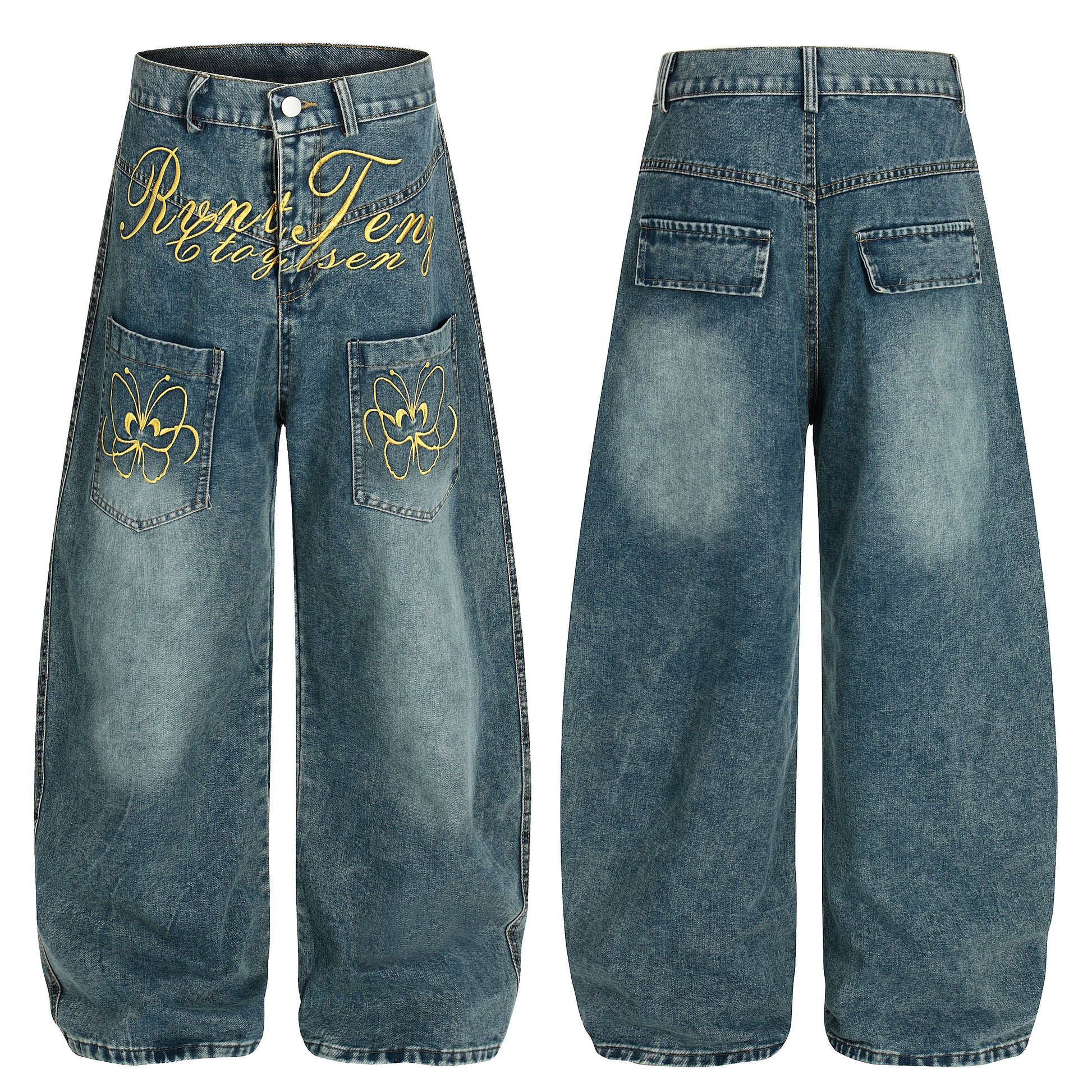 Women's RyntFeng Toysen Gold Script Floral Embroidery Balloon Wide Leg Denim Jeans - Blue Side View 2
